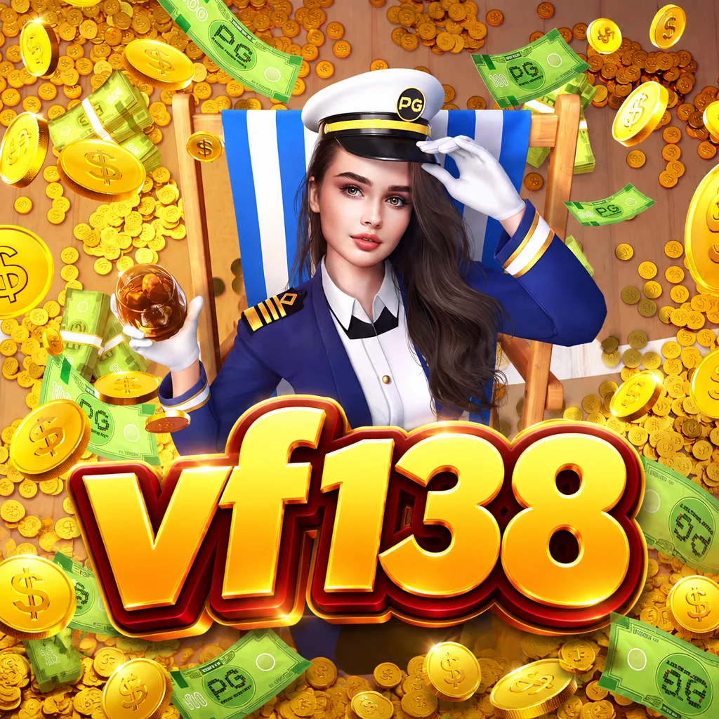 โลโก้ vf138 พร้อมภาพกัปตันเรือหญิงบนเก้าอี้ชายหาดท่ามกลางเหรียญทองและธนบัตรจาก Cruise Royale