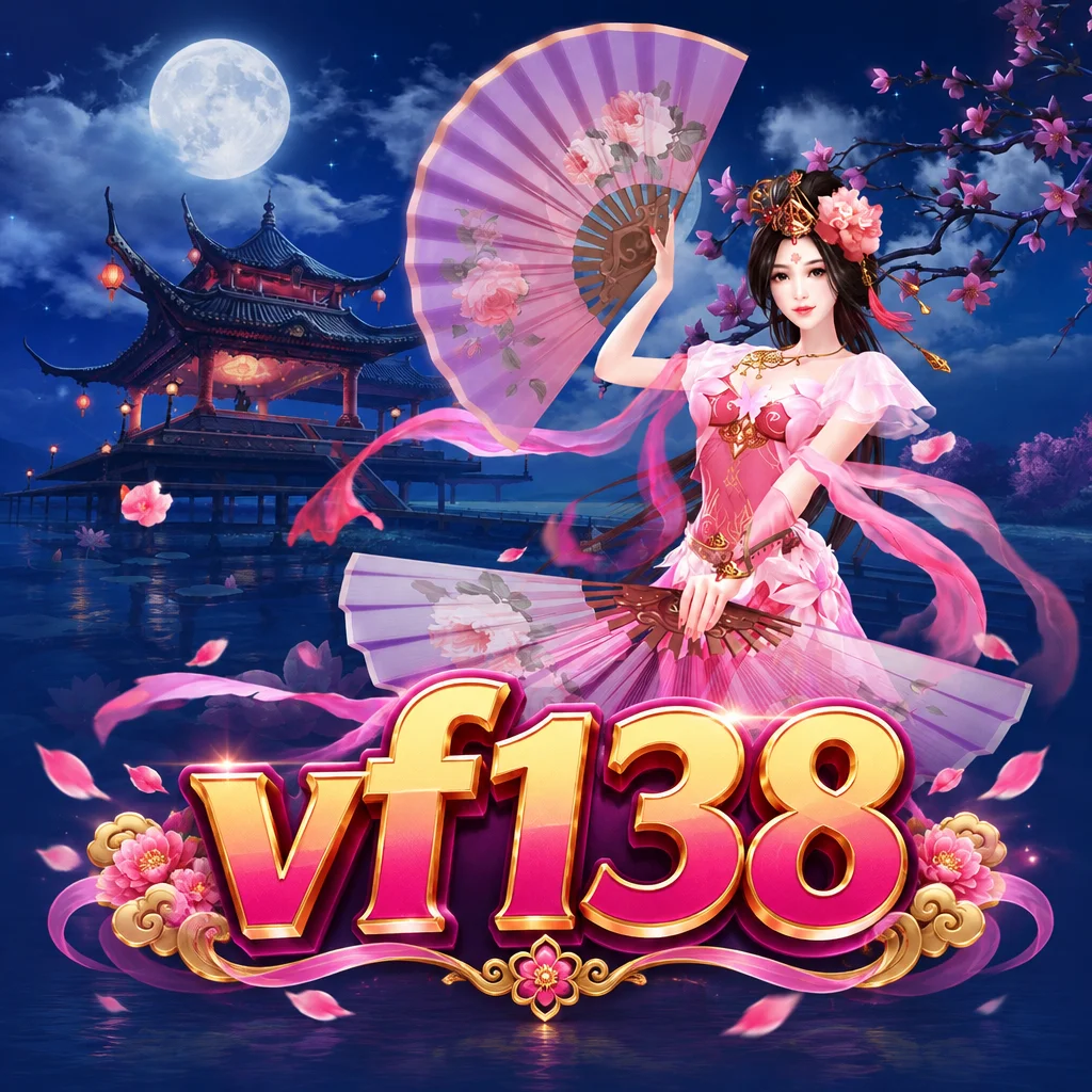 โลโก้ vf138 พร้อมภาพเตียวเสี้ยนร่ายรำพัดสีชมพูริมศาลากลางน้ำใต้แสงจันทร์จากเกม Diaochan