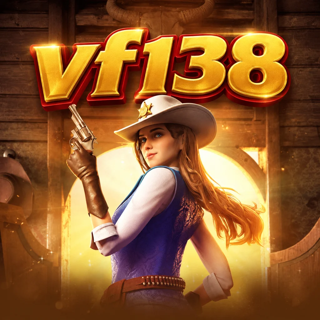 โลโก้ vf138 บนภาพตัวละครคาวบอยสาวถือปืนสไตล์แดนเถื่อนจากเกม Wild Bounty Showdown
